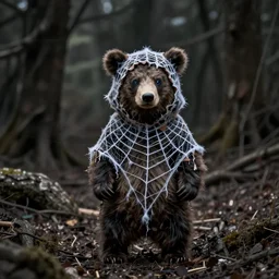 character and environment photography, portrait mystical infested anthropomorphic 2 0 - year - old male bear druid, tattered spiderweb hood and robe, reflective eyes, medium shot, wide angle, 2 0 0 px, low key