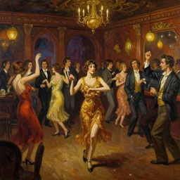 beautiful detailed Harlem Renaissance painting painting of a 20s dancing party in ekanite bar that looks like it's from lord of the rings and bazaar by greg rutkowski, marc simonetti,Chris Achilleos,Charles Samuel Addams ,featured on artstation, ultrawide angle,f16