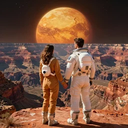 1 9 4 0 s tourism poster for planet mars, man and woman in fashionable space suits, holding hands looking out over a grand canyon