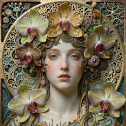 beautiful young orchid queen detailed realistic porcelain face portrait by jean delville, gustave dore, iris van herpen and marco mazzoni, art forms of nature by ernst haeckel, art nouveau, symbolist, visionary, gothic, neo - gothic, pre - raphaelite, fractal lace, intricate alien botanical biodiversity, surreality, hyperdetailed ultrasharp octane render