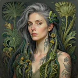 portrait of a middle aged artsy woman, short grey hair, tattoo, avangarde, unique, artistic soul, nature, plants, wool, upper body, long hair, intricate, elegant, highly detailed, digital painting, artstation, concept art, matte, sharp focus, illustration, art by artgerm and greg rutkowski and alphonse mucha