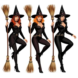 witches riding brooms, detailed faces, psychobilly, rockabilly, punk, full body, white background, vector art, illustration by frank frazetta