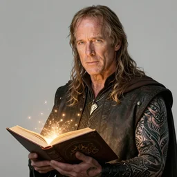 face-centred portrait Bruce Willis in LOTR, body covered in elfish tattoos , open magic book glowing, D&D, fantasy, highly detailed, digital art, fantasy illustration, trending on artstation, smooth, sharp focus, illustration, art by artgem and ROBERT HYNES