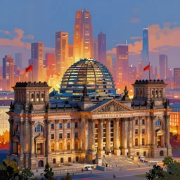 dystopian reichstag Germany, futuristic digital painting, concept art, vivid colours, skyline in back, in the style of Ralph Mcquarrie, warm lighting, trending on artstation, high detail, sci fi, gothic, vivid colours