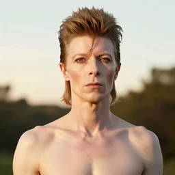 medium - shot low - angle outside studio, golden hour, pale david bowie!! in a space suit on the moon!! surface!!, visible face!!, nasa archives, by warhol,