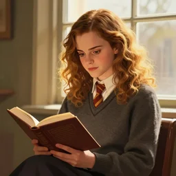 portrait of Emma Watson as Hermione Granger sitting next to a window reading a book, focused expression, golden hour, digital art, art by Kenne Gregoire and Krenz Cushart, trending on artstation