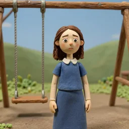 a closeup portrait of a sad woman standing next to an empty swing playground, stop motion animation, claymation, anomalisa, by jan van eyck, 8 k, medium - format print