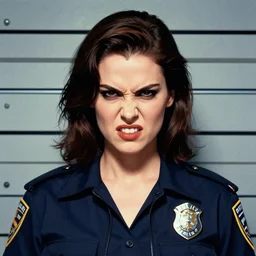 mugshot portrait photograph of an attractive charismatic lady criminal with a bad attitude in a police station. snarling expression. mean. symmetrical portrait. grainy. pulp illustration by artgerm. trending on artstation. 8 k.
