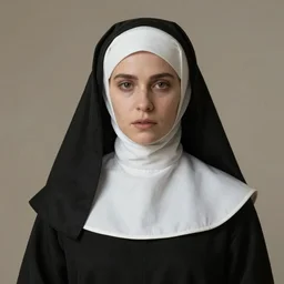 A photograph of Ester Exposito dressed as a nun , catholic , high quality, fully detailed, 4k, inspired by handmaid's tale