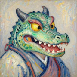 a magical fantastic samurai with a crocodile mask, by monet, made with millions of stroke, japanese inspiration, wonderful details, crazy colors 1 0 %, pale sober colors 9 0 %