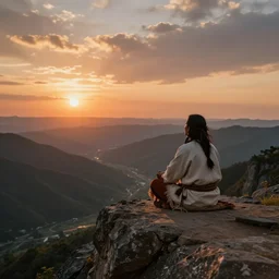 an shaman sitting at the top of a cliff, looking down at the valley, doing a vision quest, beautiful sunset, matte painting