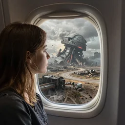 passenger looking apocalyptic landscape at window in airplane, Jessica Rossier, manon aubry artist, trending on artstation
