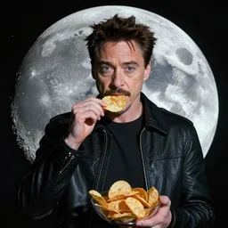 Robert Downey Jr eats chips on the Moon, cyberpunk style