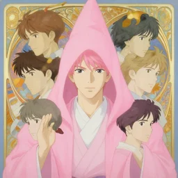 symmetric portrait of jin from bts as a pink wizard, japanese anime style, dreamlike, clean elegant painting, beautiful detailed face. by artgerm and greg rutkowski and alphonse mucha, by studio ghibli painting, by joaquin sorolla rhads leyendecker, by ohara koson and thomas
