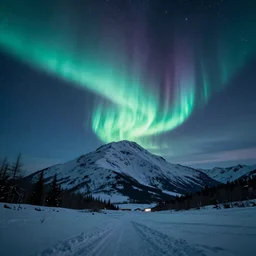 starlight under aurora in the snow mountain, futurepunk, 4 k wallpaper