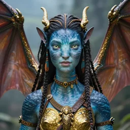 a stunning ultra detailed fantasy fine art portrait photo of a na'vi goddess from avatar movie with dragon wings, by artgerm, tom bagshaw and anna dittman, arms made of dragon skin, golden ratio composition, 2 4 m lens, deep depth of field, perfect eyes and face, soft lighting, artstation, 8 k