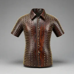 realistic photograph of a a old wooden sculpture object of a shirt made of dark old cherry wood, covered with tiny brass spikes on a grey background, centered composition, archival photography, metropolitan museum archival photo documentation, archaeology, 1 9 9 0, life magazine photo
