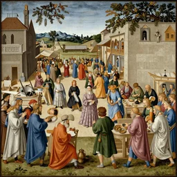 a beautiful illumination of a medieval market by Pisanello, international gothic, trending on Artstation
