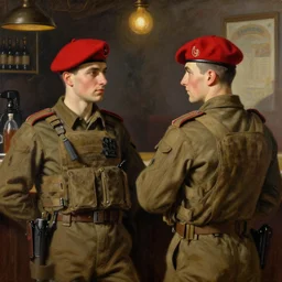 modern red berets soldiers inside of a pub, painting by toulouse - lautrec, soldiers wearing tactical clothing, 2 1 st century, cinematic, award winning