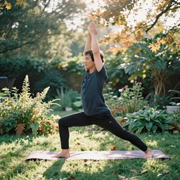 Amber heard in yoga pose in his garden, sunlights in autumn afternoon, some vegetation and trees in background, photorealism, 35 mm lens photo shot