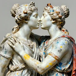 close - up of two greek statue women kissing each other, they are covered in splattered acrylic paint