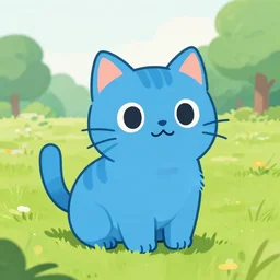 detailed and clean illustration of a cute blue cat, grassy field with trees in the background, concept art, artstation, amazing, beautiful, cinematic composition