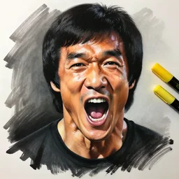 a portrait of bruce lee screaming drawn with black and yellow permanent marker