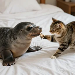 seal playing with a cat on a bed