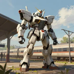 a russian mecha, train station in summer, matte painting, afternoon, drama, by rozalski, artstation