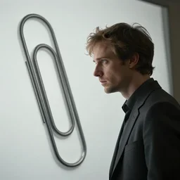 Eliezer Yudkowsky staring at a large paperclip, by Cedric Peyravernay, highly detailed, excellent composition, cinematic concept art, dramatic lighting, trending on ArtStation