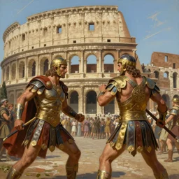 a historical closeup depiction of an epic scene beneath the roman coliseum with 2 dueling gladiators, spectators, in the style of greg rutkowski and remedios varo, digital painting, photorealistic, ornately detailed, unreal engine, extremely detailed masterpiece, illustration, trending on artstation