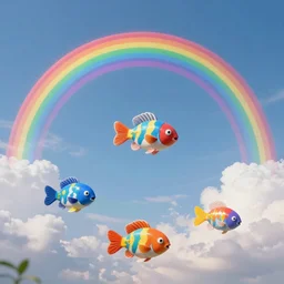sky with rainbow fishes, fantasy, hyperrealistic