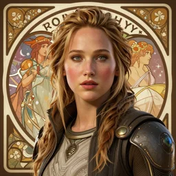jennifer lawrence, horizon zero dawn, path traced, octane render, highly detailed, high quality, digital portrait by artgerm, hd, alphonse mucha, tom bagshaw