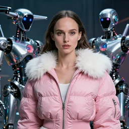beautiful fantasy character portrait, natalie portman, robots, wearing pink puffy bomber jacket with white fur, futuristic chrome drones, ultra realistic, dramatic lighting, the fifth element artifacts, highly detailed by peter mohrbacher, hajime sorayama, wayne barlowe, boris vallejo, aaron horkey, gaston bussiere, craig mullins