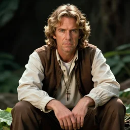 Real live Qui-Gon Jinn, human male, accurate proportions, sitting on a leaf, macro photography