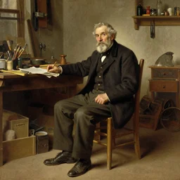 a old man sitting on a chair in his workshop, art by j. c. leyendecker