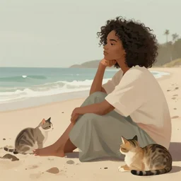 a somali woman with curly hair, relaxing on the beach, contemplative, two cats on the beach, muted colours, beautiful, digital painting, illustration, high quality, detailed, dreamy