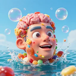 ! dream a funny sculpture of a squashed human head wrapped in funny stuff and sweets on ocean water, funny face, brain, giant bubbles, juicy jelly, realistic water splashes, water art, vibrant, in the style of mike campau, cg render, ray tracing, 8 k resolution, sharp