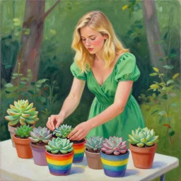 painting by   yuchenghong of a beautiful blonde woman with shoulder length hair in a forest green dress putting colorful succulents into rainbow pots at a square table