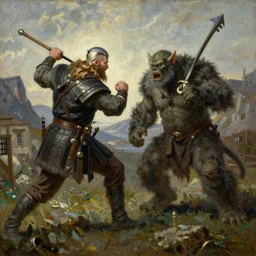 A viking fighting against a troll, oil painting