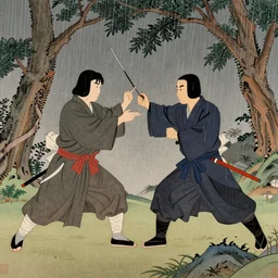 classic traditional Japanese art of two Jedis fighting in trees with rain in the background