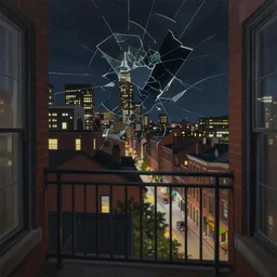 full color ultra realistic painting of a balcony view of 1 9 2 5 boston downtown at night, the sky is distorted and broken like a smashed mirror, dark, brooding, night, atmospheric, ultra - realistic, smooth, highly detailed