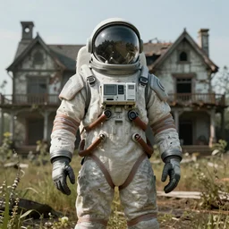 humanoid in spacesuit, abandoned mansion on the background, hyper realistic render, cryengine render 8k, unreal engine