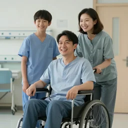 a male patient in a wheelchair in the hospital with his wife and son standing by. happy, cheerful, smiling, intricate, sharp focus, artstation, cinematic, 8 k, art by greg rutkowski