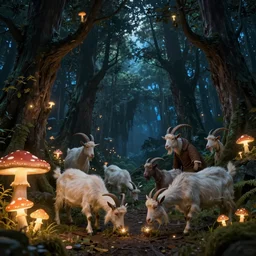 an enchanted forest at night illuminated by glowing mushrooms with goats grazing, tim hildebrandt, wayne barlowe, bruce pennington, donato giancola, larry elmore, masterpiece, trending on artstation, cinematic composition, dramatic pose, beautiful lighting, sharp, details, hyper - detailed, hd, hdr, 4 k, 8 k