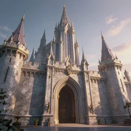 entrance to the castle, smooth walls, mystical spires, high fantasy, very long shot, low angle, digital art, sharp focus, dawn, volumetric lighting, high quality, highly detailed, architecture drawing, illustration, from magic : the gathering, octane render, by leon tukker
