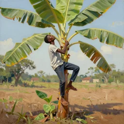 nigerian young man climbing a banana tree 3 d art shot taking from the ground looking up oil painting style