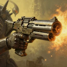 cyberpunk big gun firing, detail, atmospheric lighting, painted, intricate, golden hour, ultra detailed by peter gric, giger, enki bilal