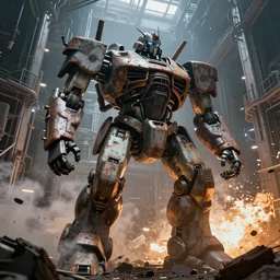 beaten-up rusty giant robot in a technological megastructure, dramatic lighting, explosions, debris, smoke, apocalyptic scene, cinematic photography