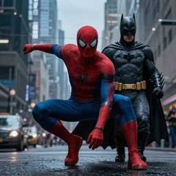 spiderman dressed as batman, marvel movie, epic scene, cinematic still